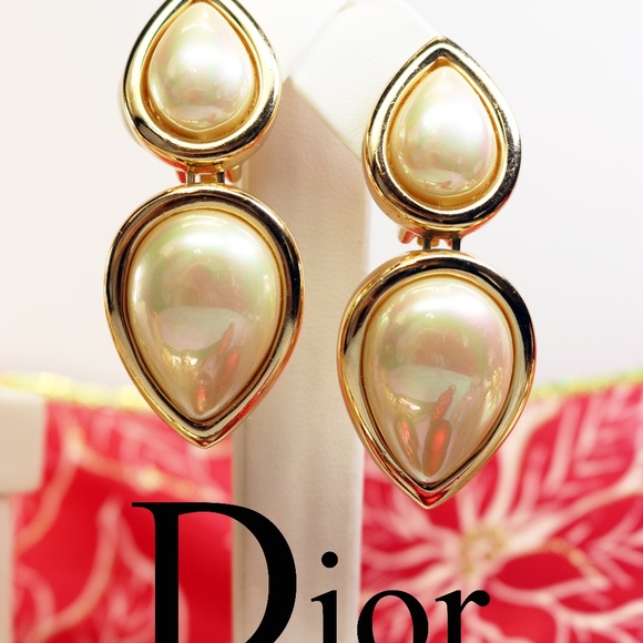 Christian Dior Pearl Cabochon Clip-On Earrings with Gold Plating *Signed* - Picture 7 of 16